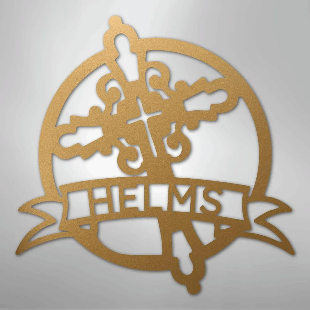 Gold Catholic monogram metal wall art with a cross, crown, and "HELMS" banner.