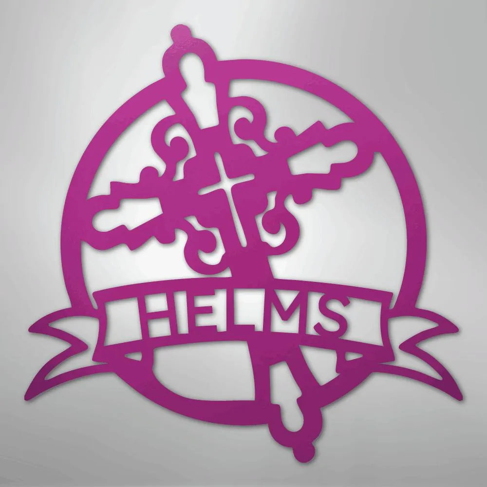 Purple metal Catholic monogram wall art with ornate cross, circle, and "HELMS" banner.
