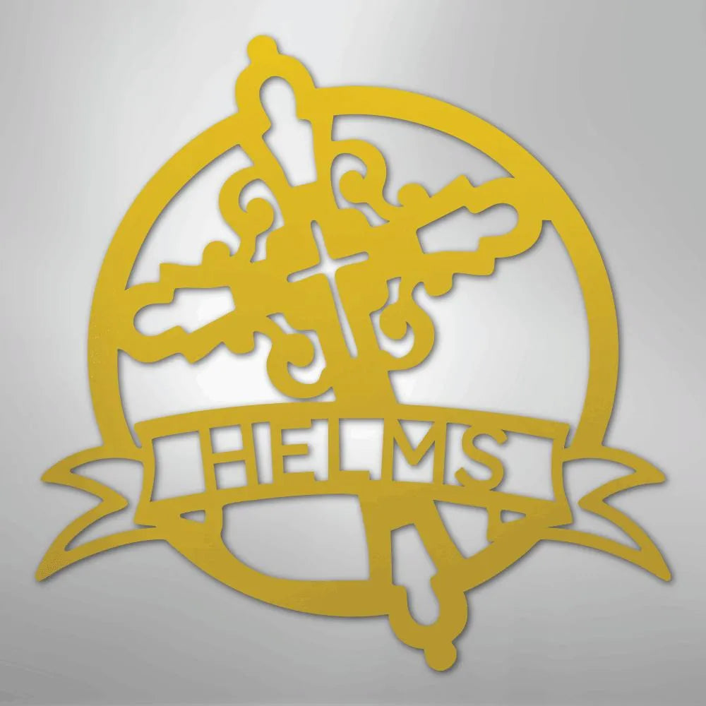 Gold Catholic monogram metal wall art featuring a cross, ornate design, and "HELMS" banner.