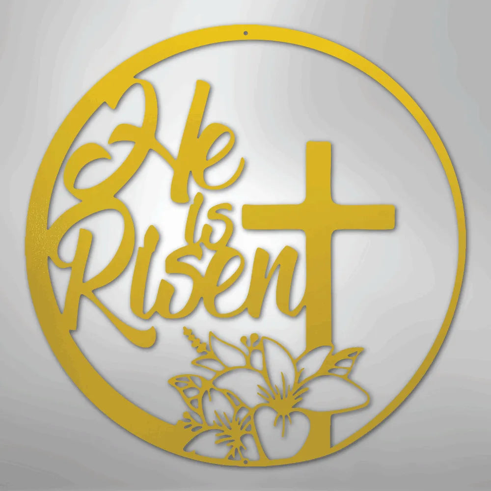 Gold "He is Risen" metal wall art with a cross and floral design within a circular frame.