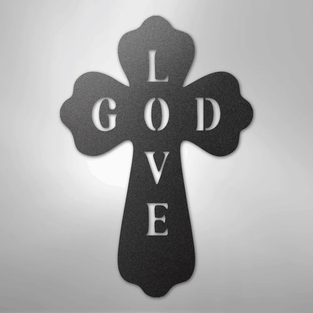 Black metal cross wall art with "GOD LOVE" cut out, featuring a unique scalloped design.