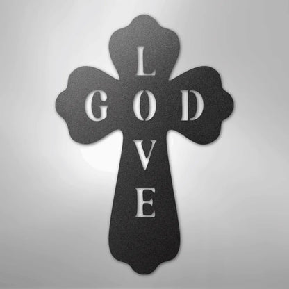 Black metal cross wall art with "GOD LOVE" cut out, featuring a unique scalloped design.