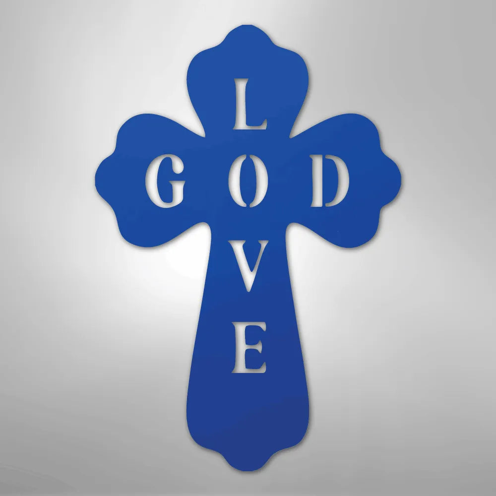 Blue metal cross wall art with "I GOD LOVE" cut out, symbolizing faith and devotion.