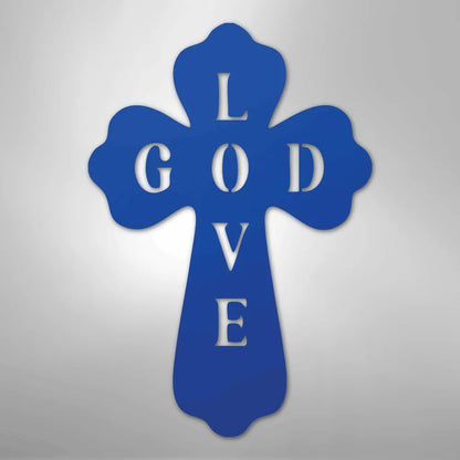 Blue metal cross wall art with "I GOD LOVE" cut out, symbolizing faith and devotion.
