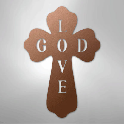 Copper metal cross wall art with "GOD LOVE" cut out, featuring a faith-themed design.