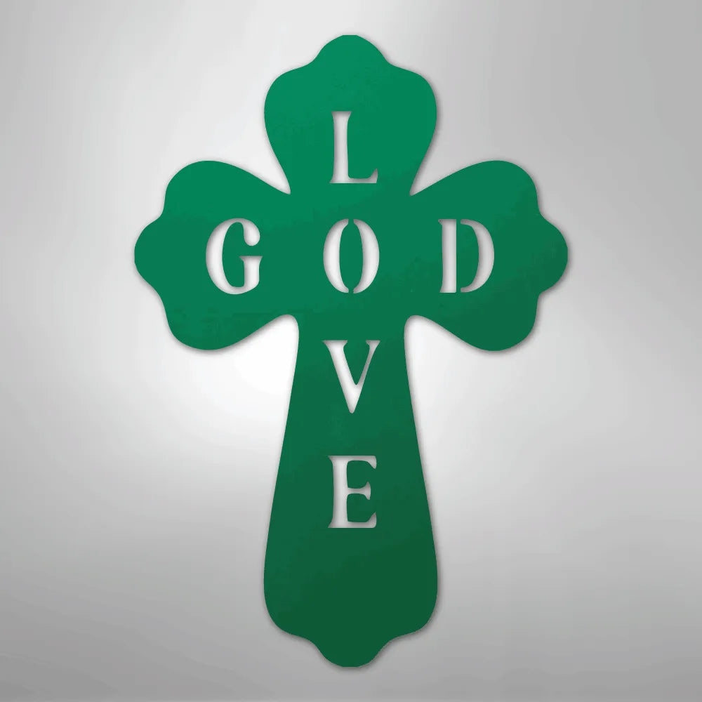 Green metal wall art cross with "GOD LOVE" cut out, featuring a unique clover-like shape.