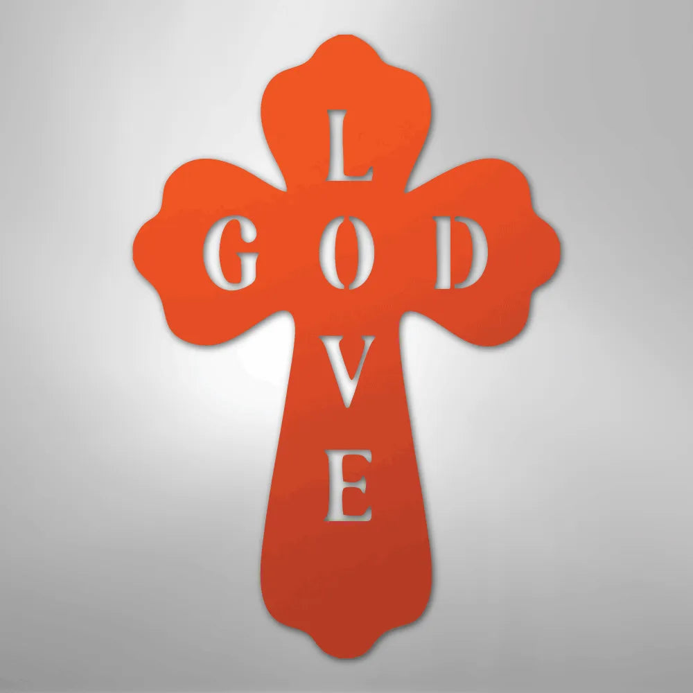 Orange metal cross wall art with "GOD LOVE" cut out, featuring a decorative, faith-themed design.