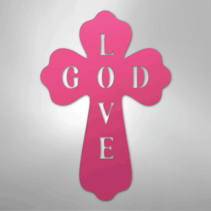 Pink metal cross wall art with "GOD LOVE" cut out, featuring a decorative scalloped edge.