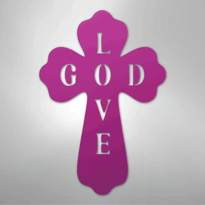 Purple metal cross wall art with "GOD" written horizontally and "LOVE" vertically.