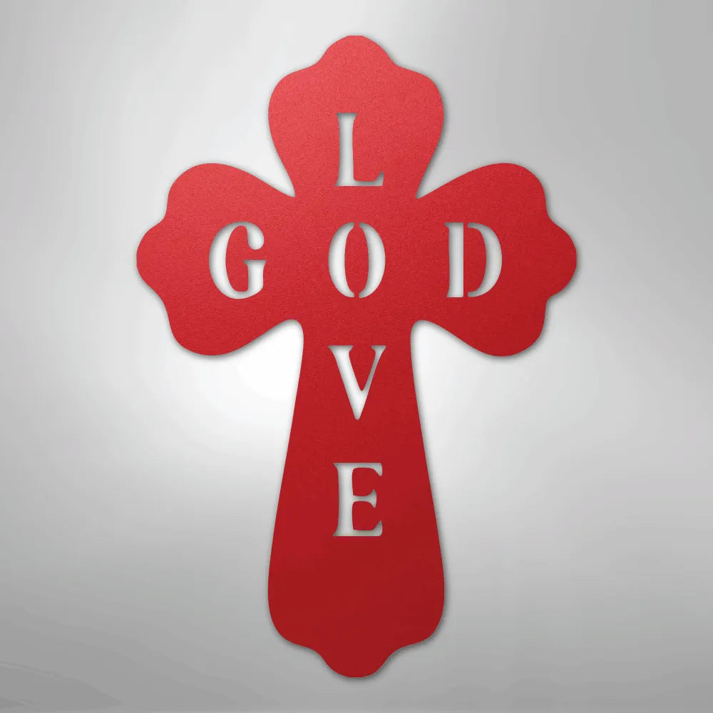 Red metal cross wall art with "GOD LOVE" cut out, featuring a decorative, faith-themed design.