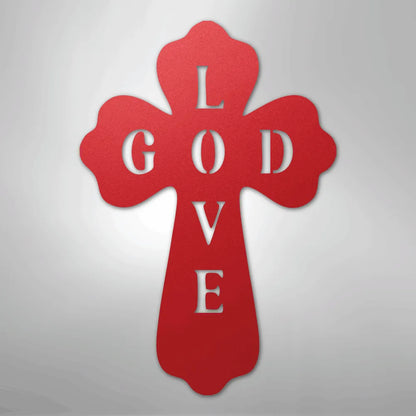 Red metal cross wall art with "GOD LOVE" cut out, featuring a decorative, faith-themed design.