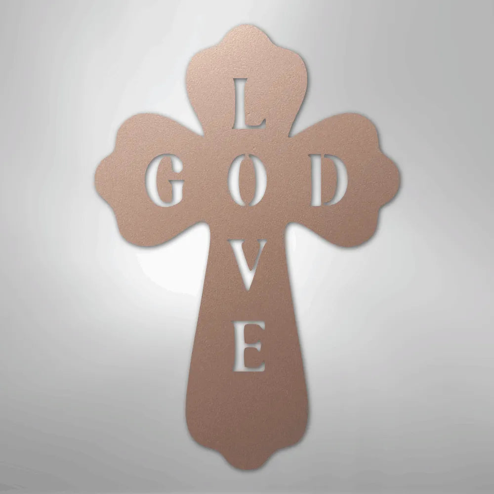 Copper metal cross wall art with "GOD LOVE" cut out, featuring a rounded, elegant design.