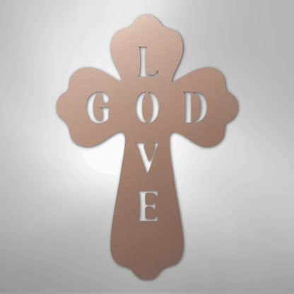 Copper metal cross wall art with "GOD LOVE" cut out, featuring a rounded, elegant design.