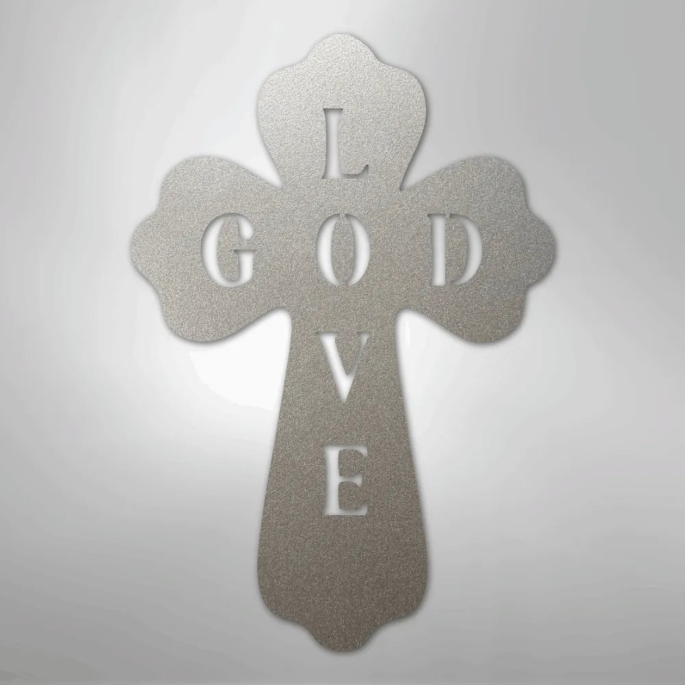 Silver American steel cross wall art with "GOD LOVE" cut out, featuring a textured finish.