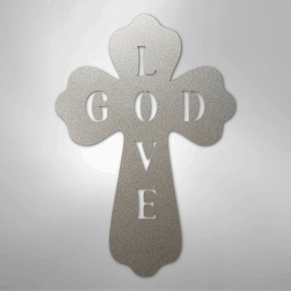 Silver American steel cross wall art with "GOD LOVE" cut out, featuring a textured finish.