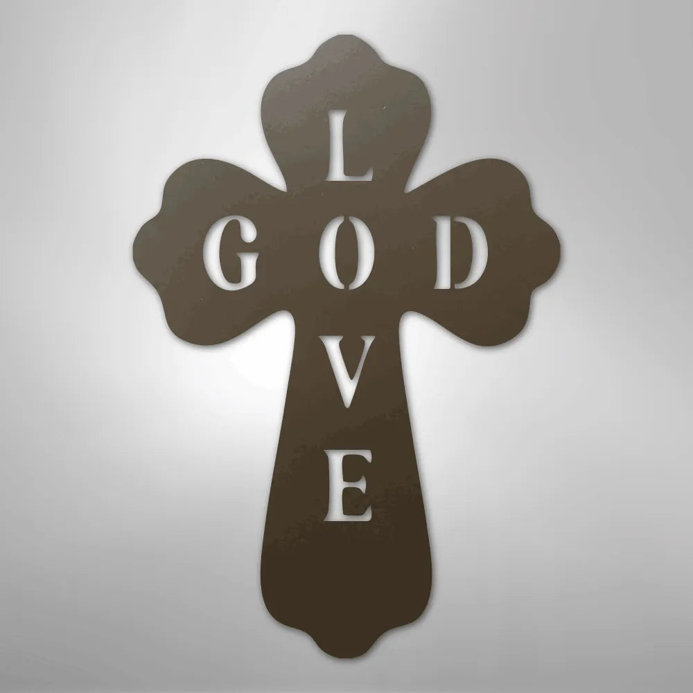 Brown metal cross wall art with "GOD LOVE" cut out, featuring a decorative, scalloped edge.
