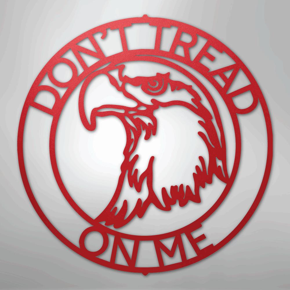 Red metal wall art featuring an eagle head in a circle with "DON'T TREAD ON ME" text.