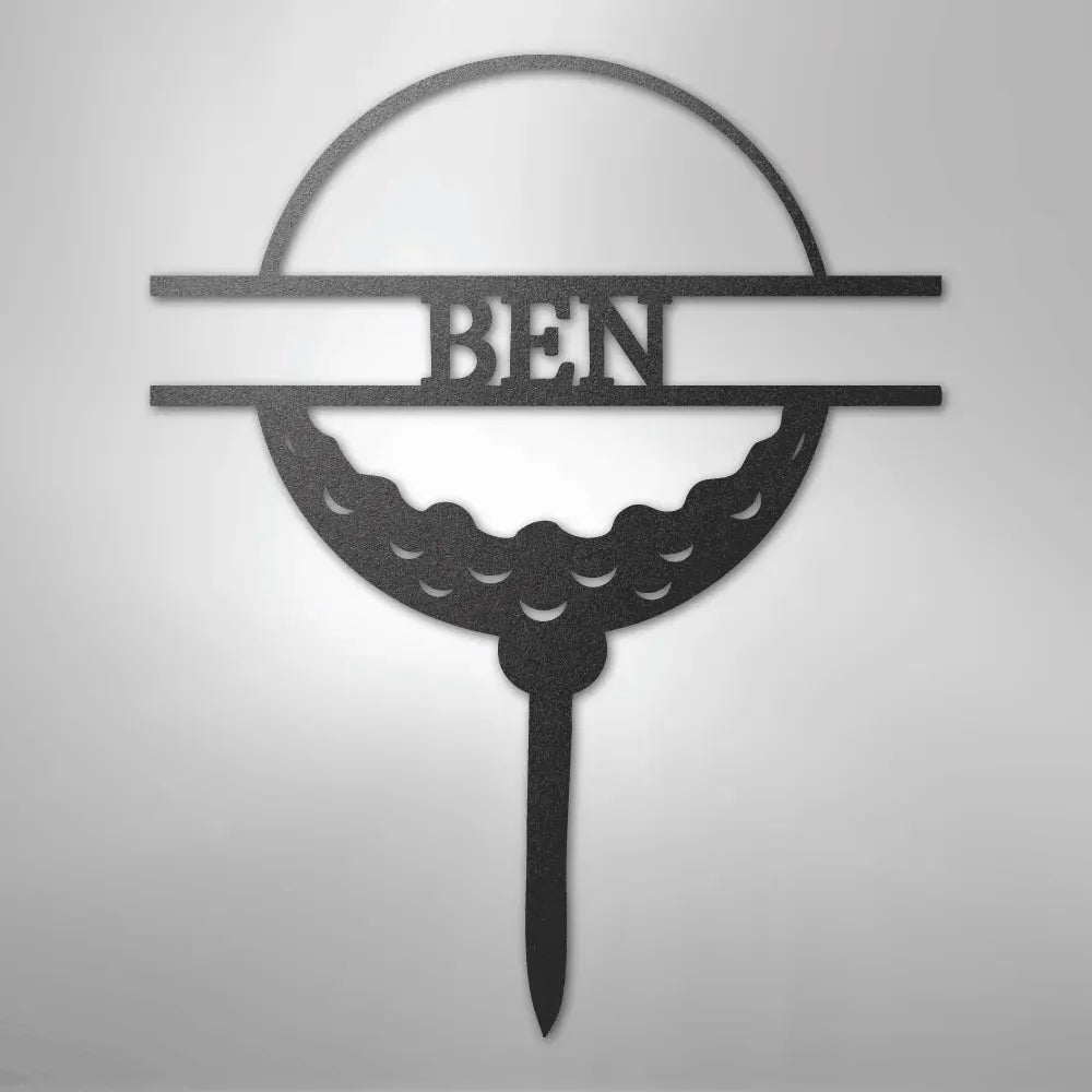 Black metal golf ball monogram wall art with "BEN" cut out, perfect for sports decor.