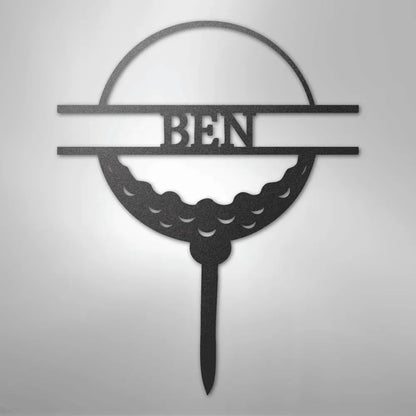 Black metal golf ball monogram wall art with "BEN" cut out, perfect for sports decor.