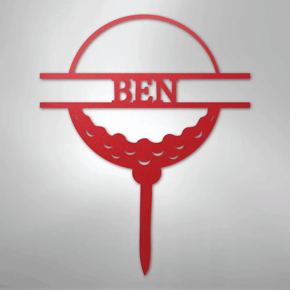 Red metal golf ball monogram wall art with "BEN" cut out, on a tee.
