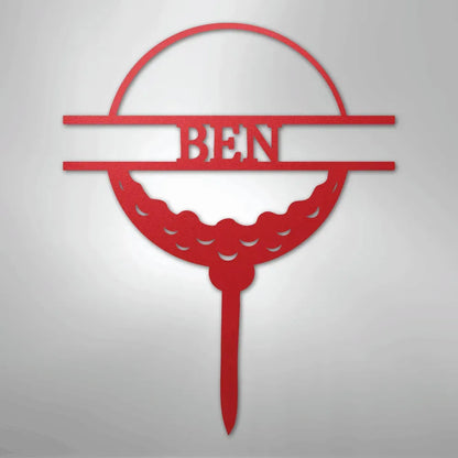 Red metal golf ball monogram wall art with "BEN" cut out, on a tee.