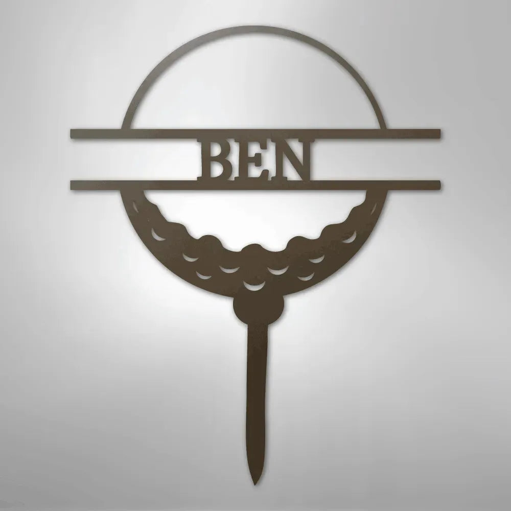 Custom golf ball monogram metal wall art in copper, featuring the name "BEN" on a tee.