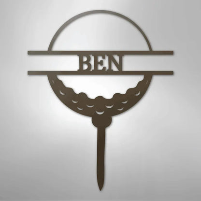 Custom golf ball monogram metal wall art in copper, featuring the name "BEN" on a tee.