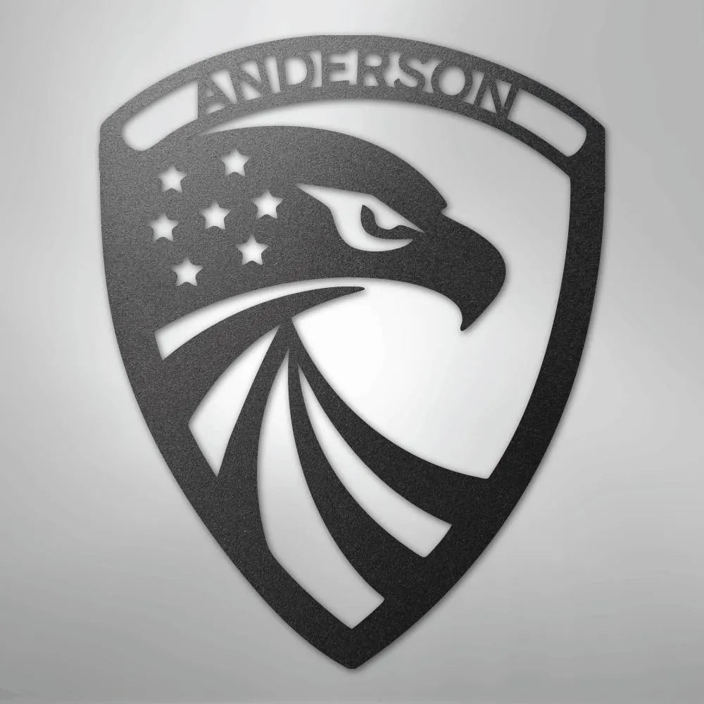 Black metal wall art: Modern Eagle Monogram shield with "ANDERSON" and American flag details.