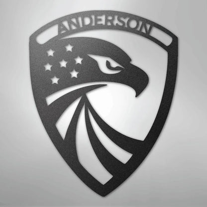 Black metal wall art: Modern Eagle Monogram shield with "ANDERSON" and American flag details.