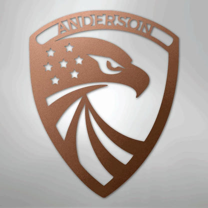 Copper metal wall art: shield with eagle head, stars, and "ANDERSON" custom name.