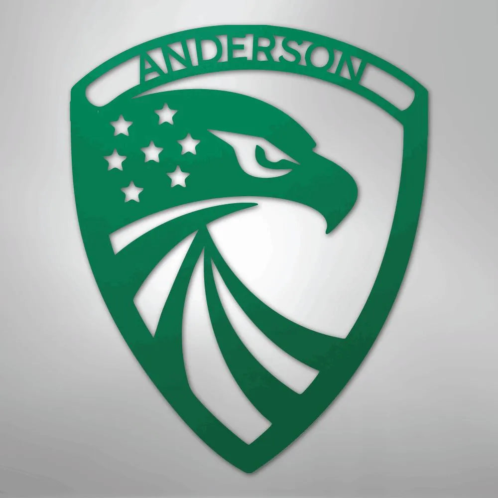 Green metal wall art: eagle head shield with stars, stripes, and "ANDERSON" custom text.
