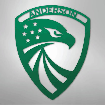 Green metal wall art: eagle head shield with stars, stripes, and "ANDERSON" custom text.