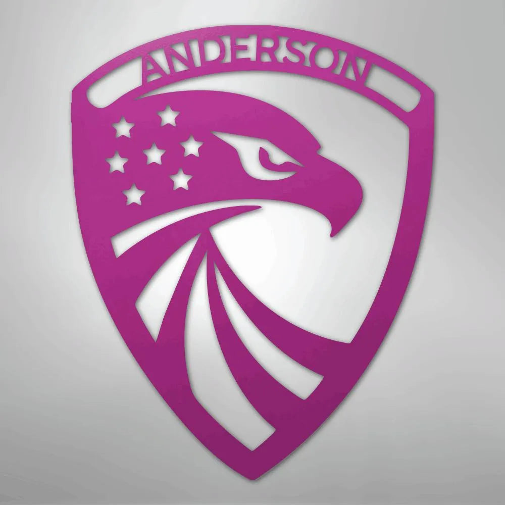 Pink metal wall art: custom eagle monogram shield with "ANDERSON" and stars.