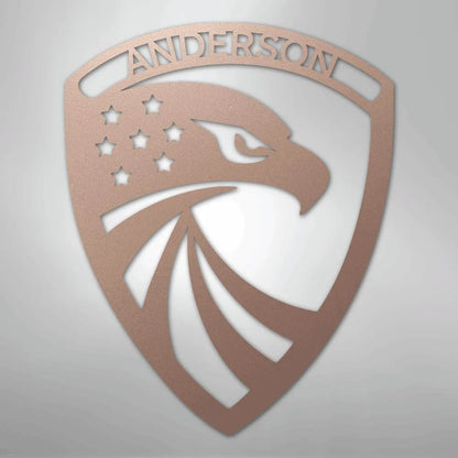 Copper metal wall art: Modern Eagle Monogram shield with "ANDERSON" and stars.