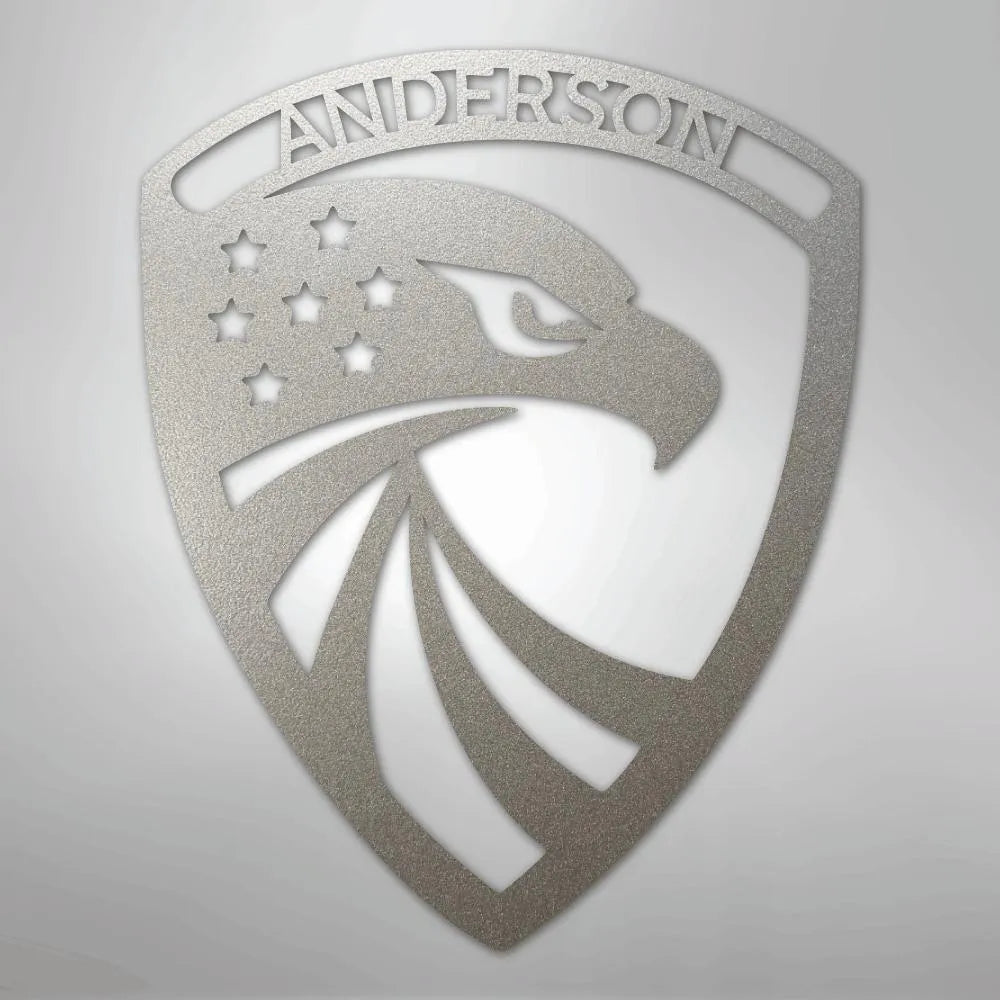 Silver Modern Eagle Monogram metal wall art with "ANDERSON" text and stars, patriotic design.