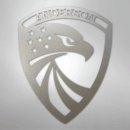 Silver Modern Eagle Monogram metal wall art with "ANDERSON" text and stars, patriotic design.