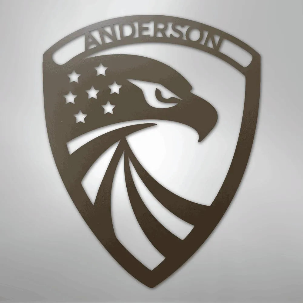 Copper American Eagle shield metal wall art with "ANDERSON" custom name.