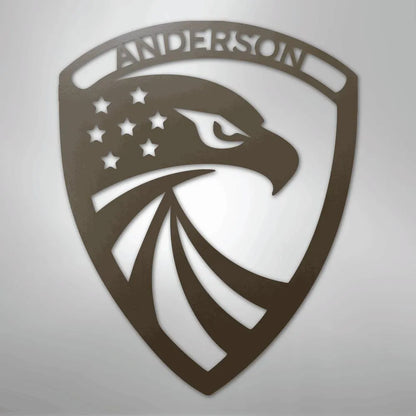 Copper American Eagle shield metal wall art with "ANDERSON" custom name.