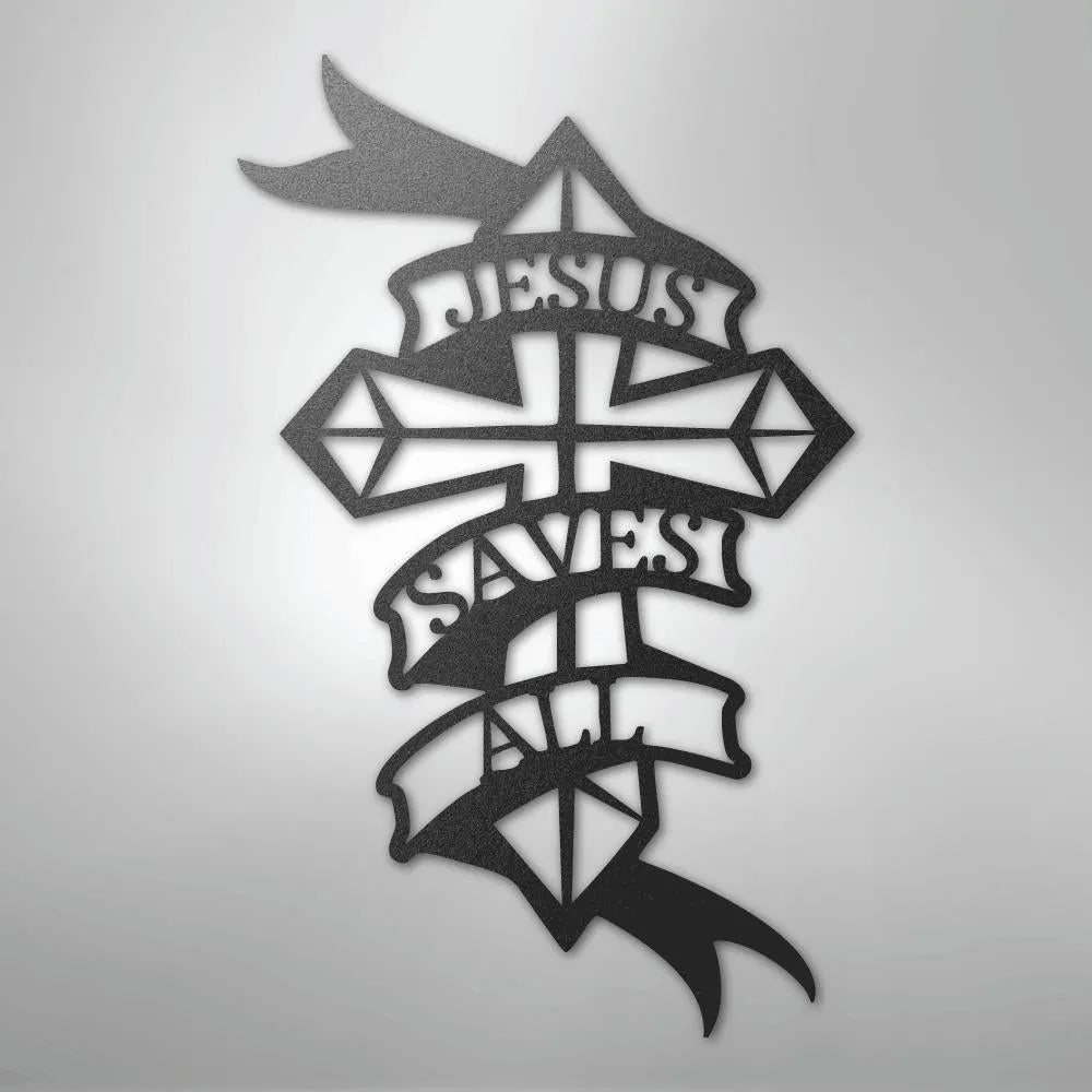 Black metal wall art featuring a cross with "JESUS SAVES ALL" on a flowing banner.