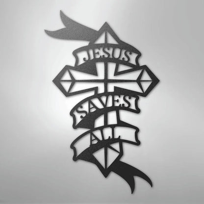 Black metal wall art featuring a cross with "JESUS SAVES ALL" on a flowing banner.