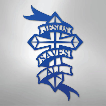 Blue metal wall art featuring "Jesus Saves All" text on a decorative cross and banner design.