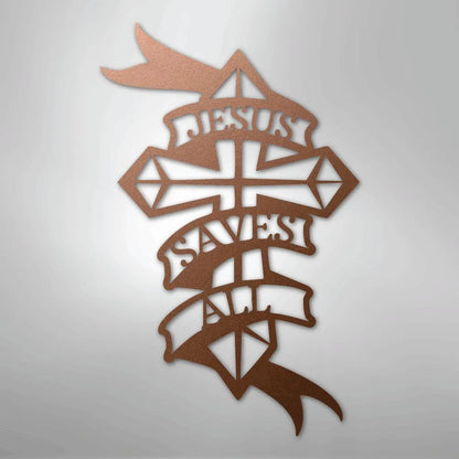 Copper-colored metal wall art featuring a cross with "Jesus Saves All" on decorative banners.
