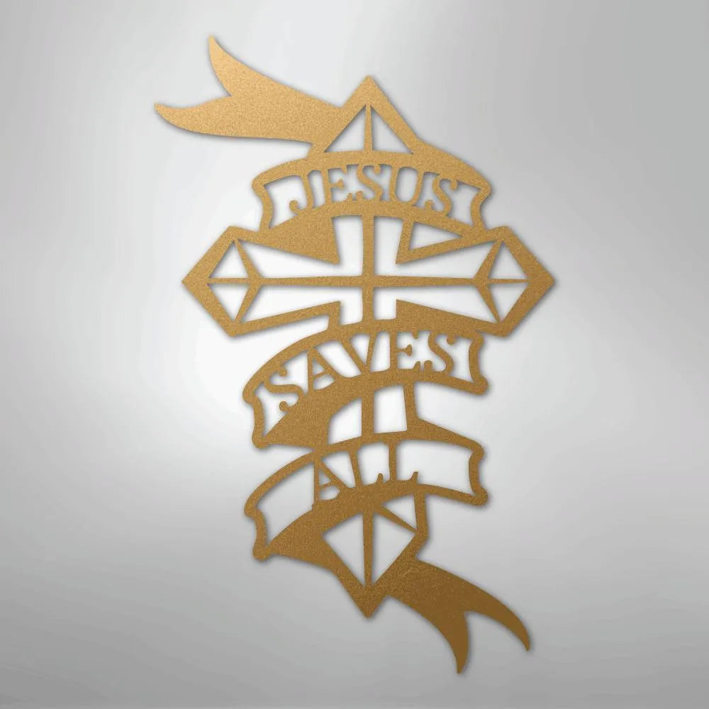 Gold metal wall art featuring a cross with "Jesus Saves All" on decorative banners.