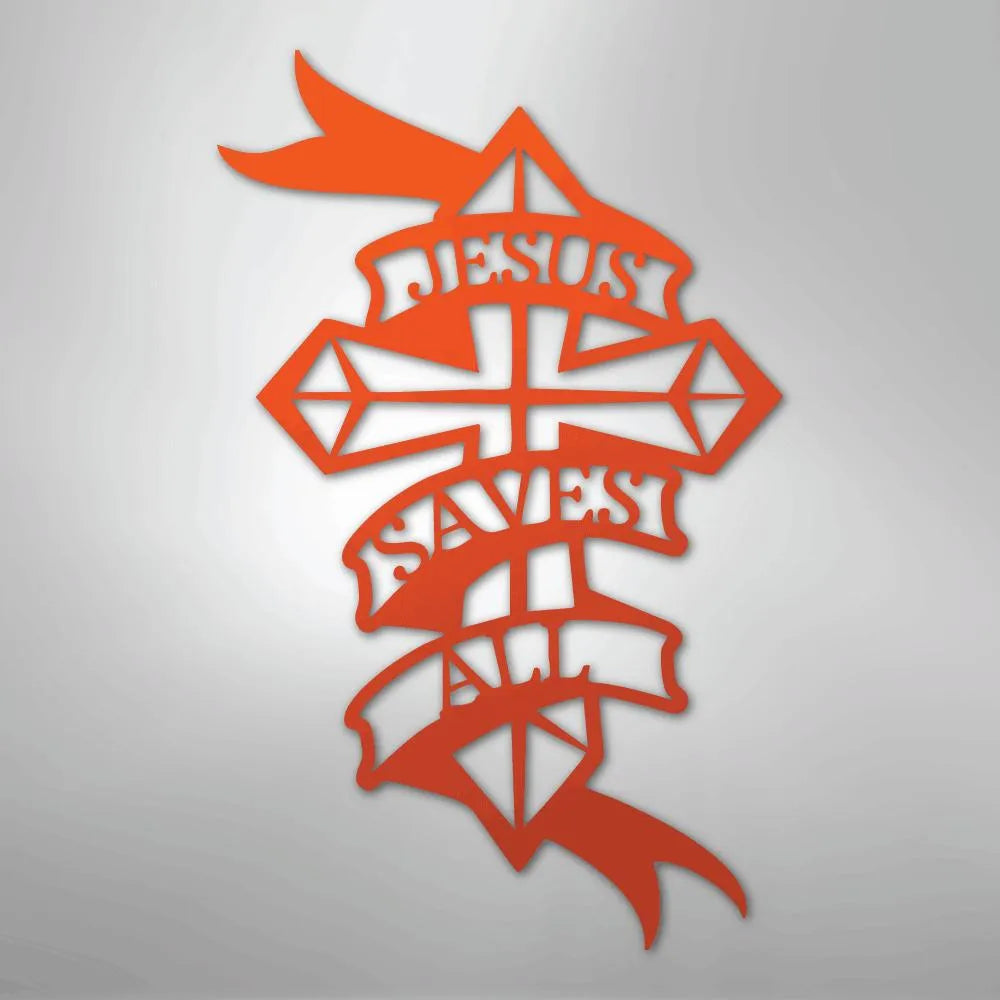 Orange metal wall art featuring a cross with "JESUS SAVES ALL" on a flowing banner design.