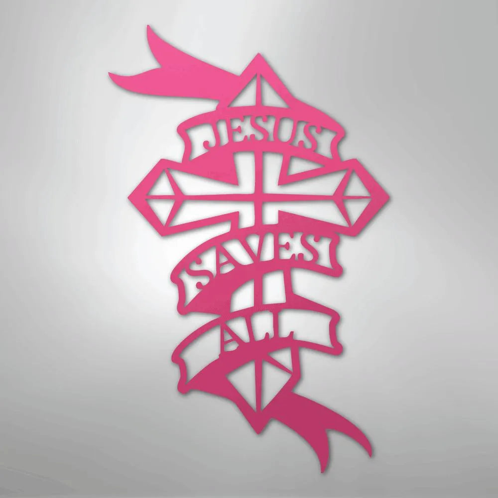 Pink metal wall art featuring "Jesus Saves All" on a decorative cross with flowing banners.