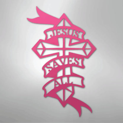 Pink metal wall art featuring "Jesus Saves All" on a decorative cross with flowing banners.