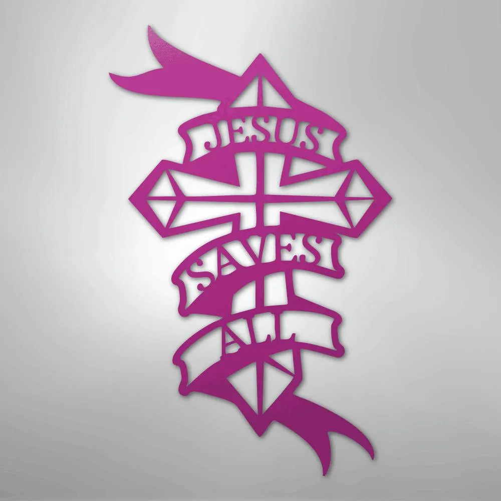 Pink metal wall art featuring a cross with "Jesus Saves All" on decorative banners.