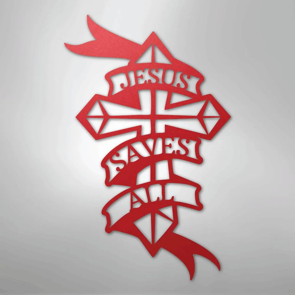 Red metal wall art featuring a cross with "JESUS SAVES ALL" on a banner.