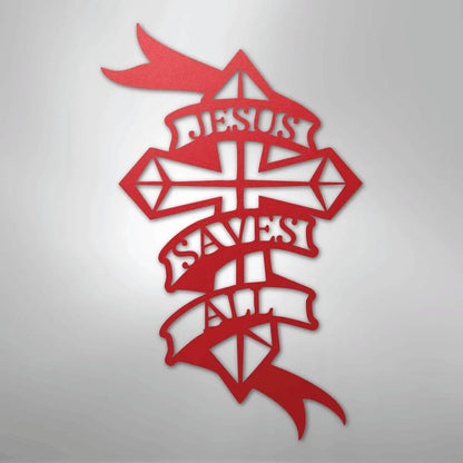 Red metal wall art featuring a cross with "JESUS SAVES ALL" on a banner.