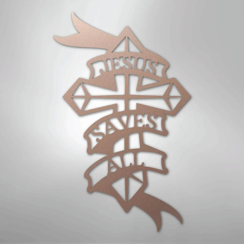 Rose gold metal wall art featuring a cross with "JESUS SAVES ALL" in a banner design.
